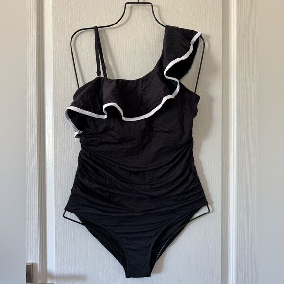 Tempt Me Women’s Black One Piece Swimsuit Tummy Control 1 Shoulder Ruffle M NWT - Picture 2 of 8